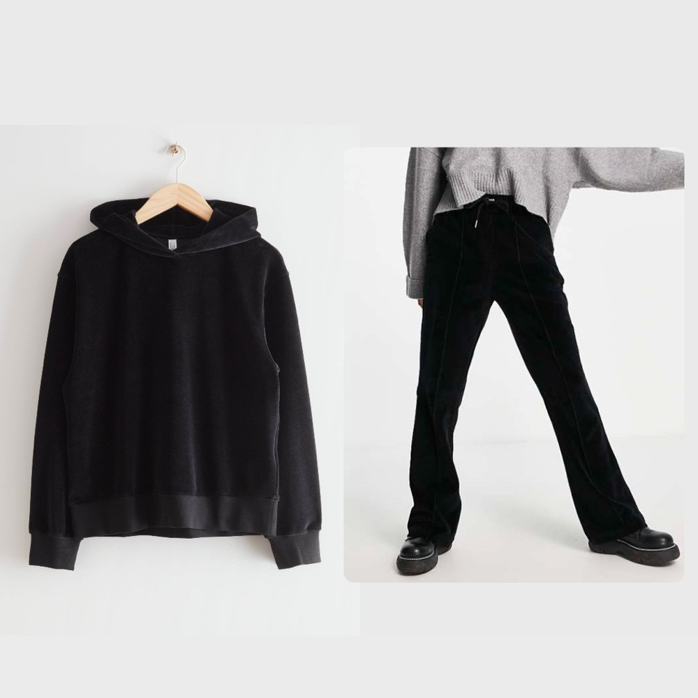 & OTHER STORIES Set Black Velour Hoodie Sweatshirt & Sweatpants Size XS